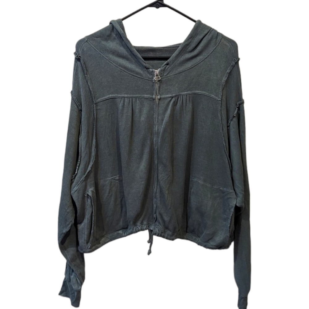 Free People Movement Green Hooded Slouchy Distressed Front Zip Jacket (XS)